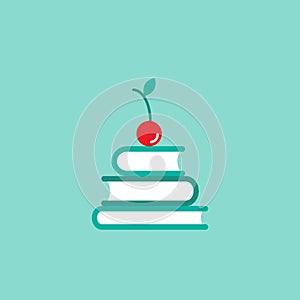 Stack of books and red cherry on top. Isolated on powder blue background. Knowledge logo. Education pictogram. Study and
