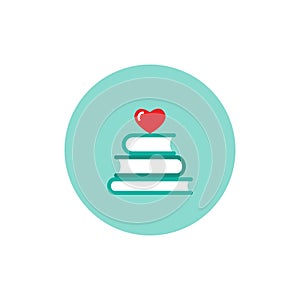 Stack of books with red heart in blue circle. Isolated on white background. bibliophile flat icon photo