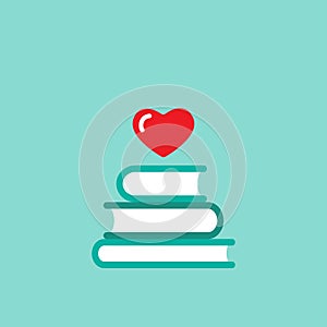 Stack of books with red heart flying out. on blue background. bibliophile flat icon. Vector