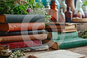 A stack of books rests on top of a wooden table, creating a sturdy and organized arrangement, Various holistic medicine books