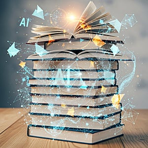 A stack of books rests on a wooden surface with the top book open