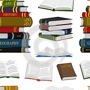 Stack of books seamless pattern. Background for Lover of literature. Open Encyclopedias for reading. Inverted pages