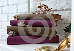 Stack of books and seashells on shelf near white brick wall