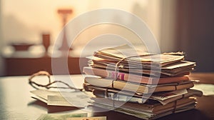 a stack of books sitting on top of a table next to a pair of glasses on top of a table next to a book with a magnifying glass