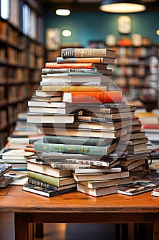 A stack of books sitting on top of a wooden table in big bookstore