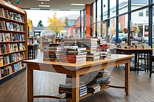 A stack of books sitting on top of a wooden table in big bookstore