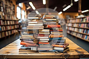 A stack of books sitting on top of a wooden table in big bookstore