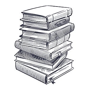 Stack of books sketch. Drawings engrave pile of old vintage dictionary and study research book vector illustration