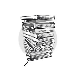 Stack of books sketch on a white background. Drawings engrave pile study book. Vector education stacked library