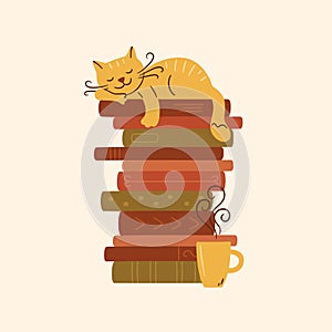 A stack of books with a sleeping cat and cup of hot tea. Cute kitty sleeping on books pile. Vector illustration on white