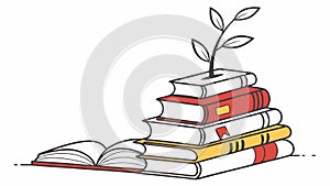 Stack of Books with Sprouting Plant Learning Growth, vector design Generative AI