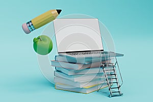 a stack of books and stairs leading to an open laptop, an apple and a pencil on a blue background. 3D render