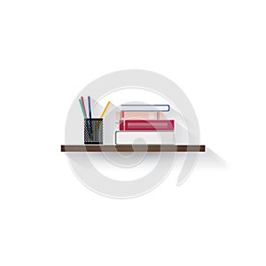 Stack of books and stationery on wood shelf