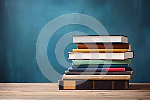 Stack of books on the table on blue background with copy space. AI generated
