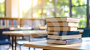 Stack of books on a table in a bright library with blurred background