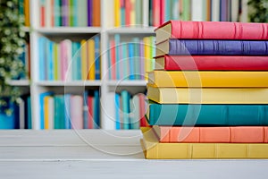 stack of books on table in front of blurred book shelf