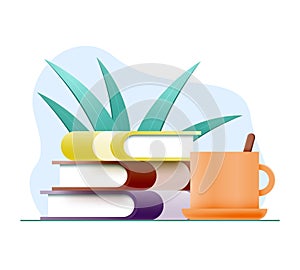 Stack of books or textbooks, coffee cup and houseplant isolated on white background.