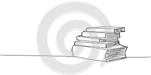 Stack of books, textbooks, magazines one line art. Continuous line drawing of book, library, education, school, study
