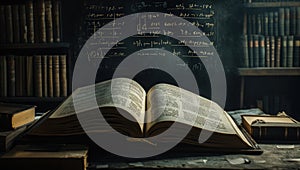 Stack of books on top of each other in front of a blackboard