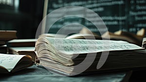 Stack of books on top of each other in front of a blackboard