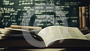 Stack of books on top of each other in front of a blackboard