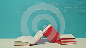 Stack of books on top of each other in front of a blackboard