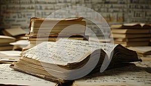 Stack of books on top of each other in front of a blackboard
