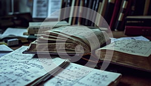 Stack of books on top of each other in front of a blackboard