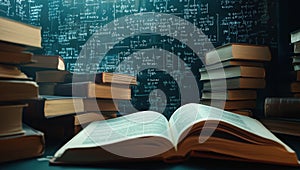 Stack of books on top of each other in front of a blackboard