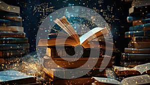 Stack of books on top of each other in front of a blackboard