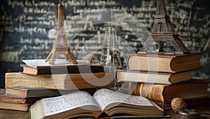 Stack of books on top of each other in front of a blackboard