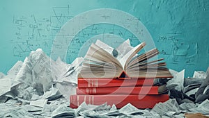 Stack of books on top of each other in front of a blackboard