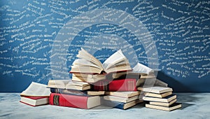 Stack of books on top of each other in front of a blackboard