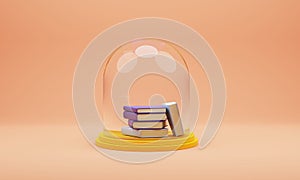 Stack of books under glass jar on pedestal, 3d render