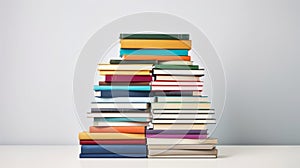 A stack of books in various colors and sizes on a white background. The books are hardcover and new. The books are