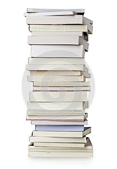 Stack of books on white background.