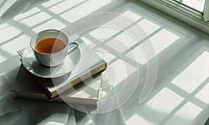 Stack of books on a white table with a cup of tea