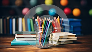Stack of books on wooden desk in library generated by AI