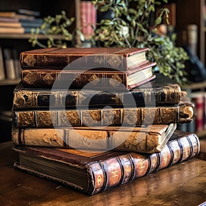 Stack of Books on Wooden Table