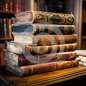 Stack of Books on Wooden Table