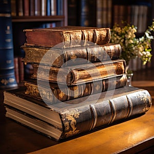 Stack of Books on Wooden Table