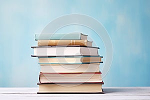 Stack of Books on Wooden Table Against Blue Background