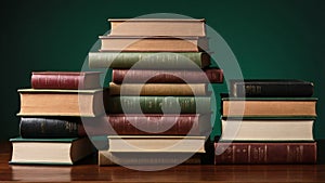 Stack of books on a wooden table against a green gradient background, evoking knowledge and learning