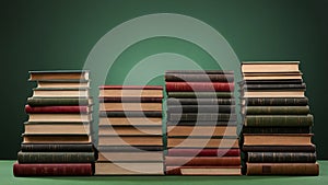 Stack of books on a wooden table against a green gradient background, evoking knowledge and learning