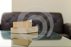 Stack of books on wooden table with copy space. Education background. Back to school concept