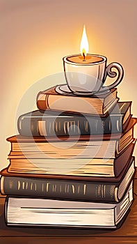 A stack of books on a wooden table with a cup of coffee and a candle, representing reading and relaxation