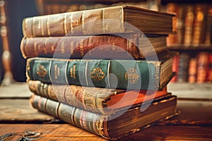 Stack of Books on Wooden Table. Generative AI