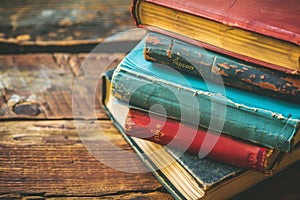 A Stack of Books on a Wooden Table. Generative AI