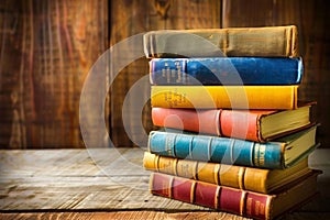 Stack of Books on Wooden Table. Generative AI