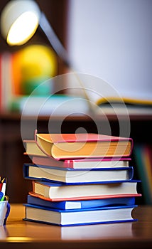 stack of books on wooden table in library , Ai Generated